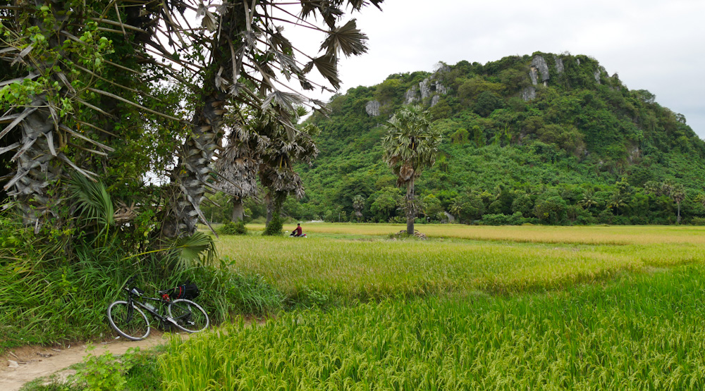 Small rice field path behind one of Ha Tien's popular cave sites. 