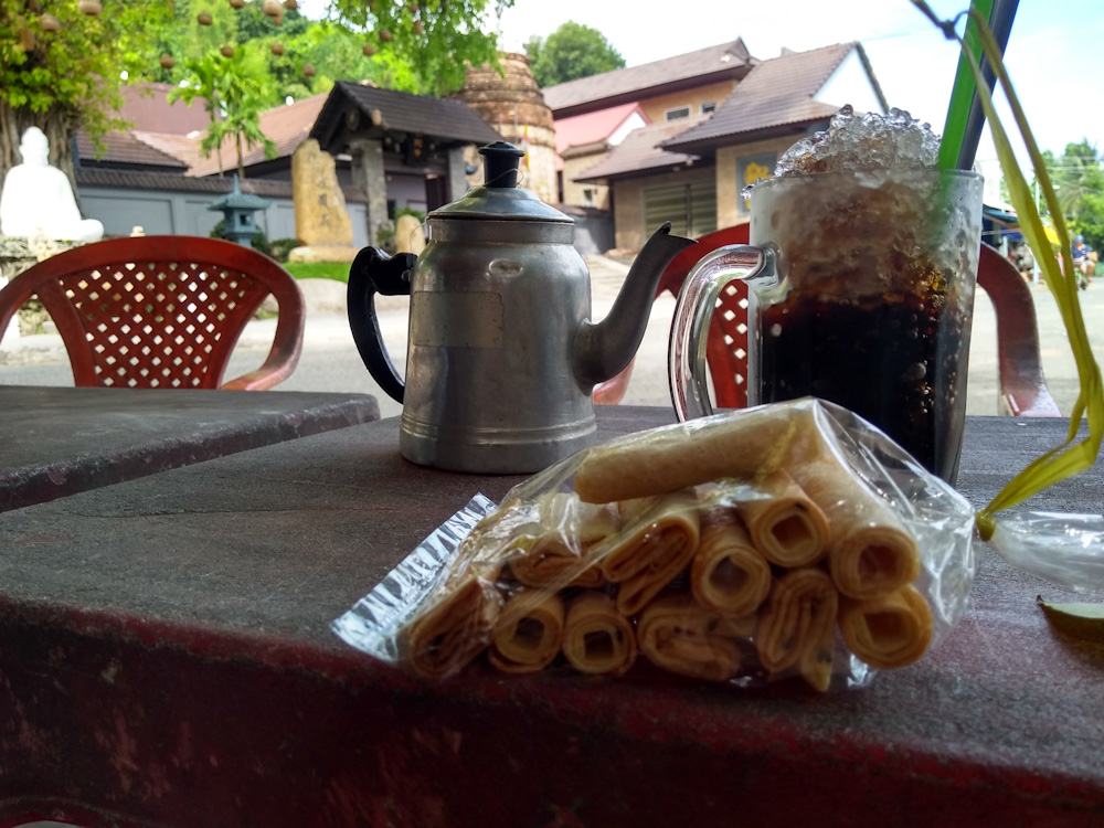 Freshly-made 'Banh Kep' are sold just outside Phat Da pagoda.  