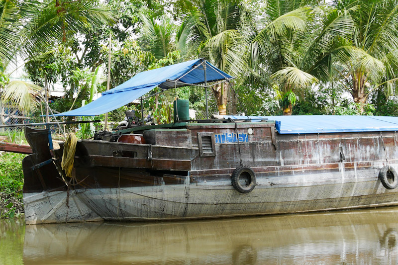 A typical brown river barge makes its way up a canal near the village of Tan My in the Dong Tap region of the Mekong Delta.  