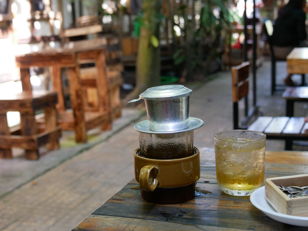 Drip coffee and ice tea at a Sa Dec cafe. 